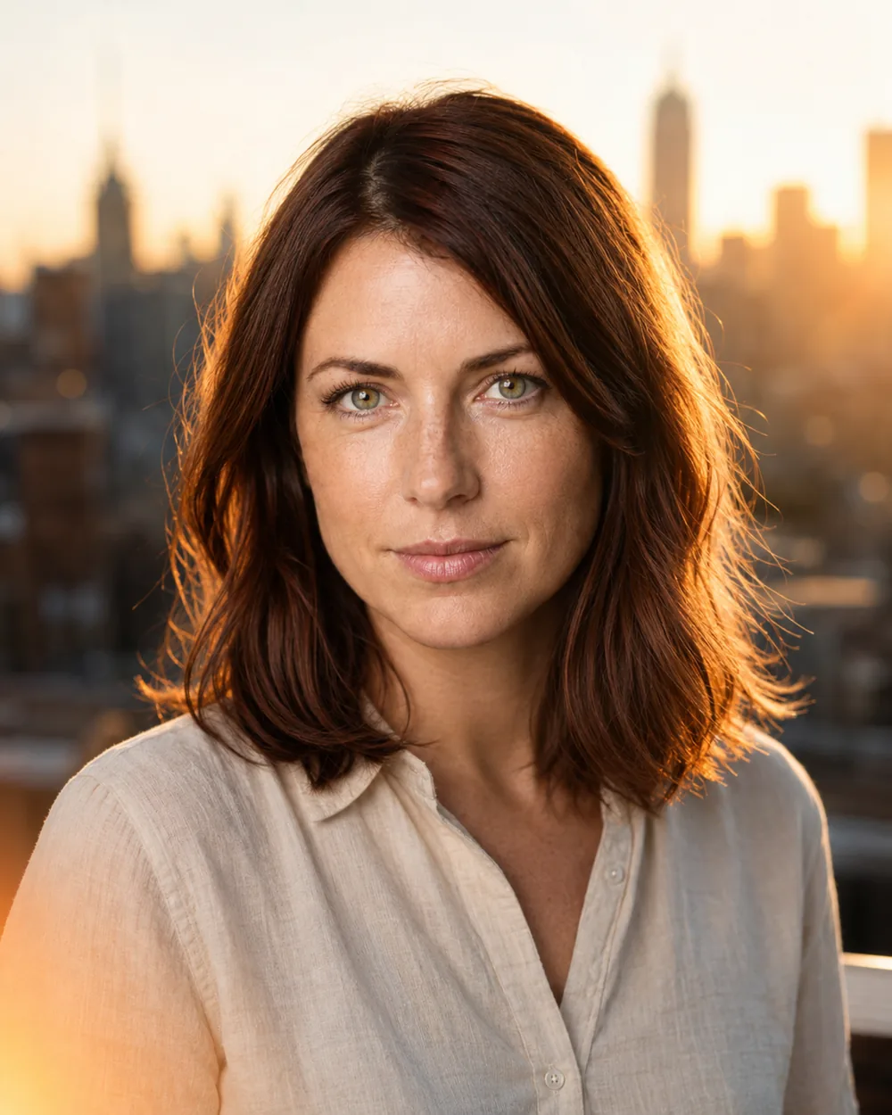 The same model on a city rooftop at golden hour
