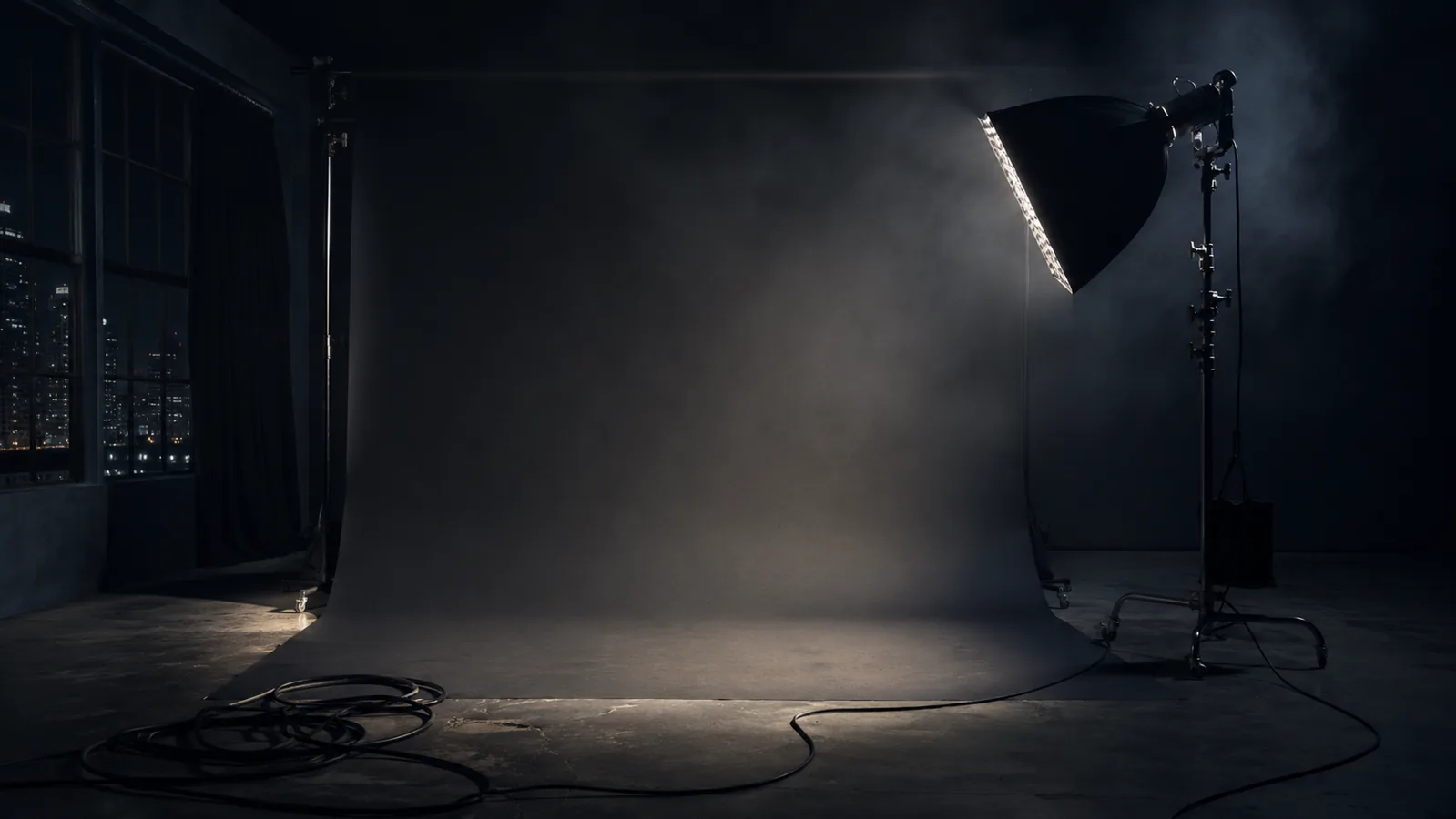 An empty photography studio at night, lit by a single softbox against a seamless backdrop