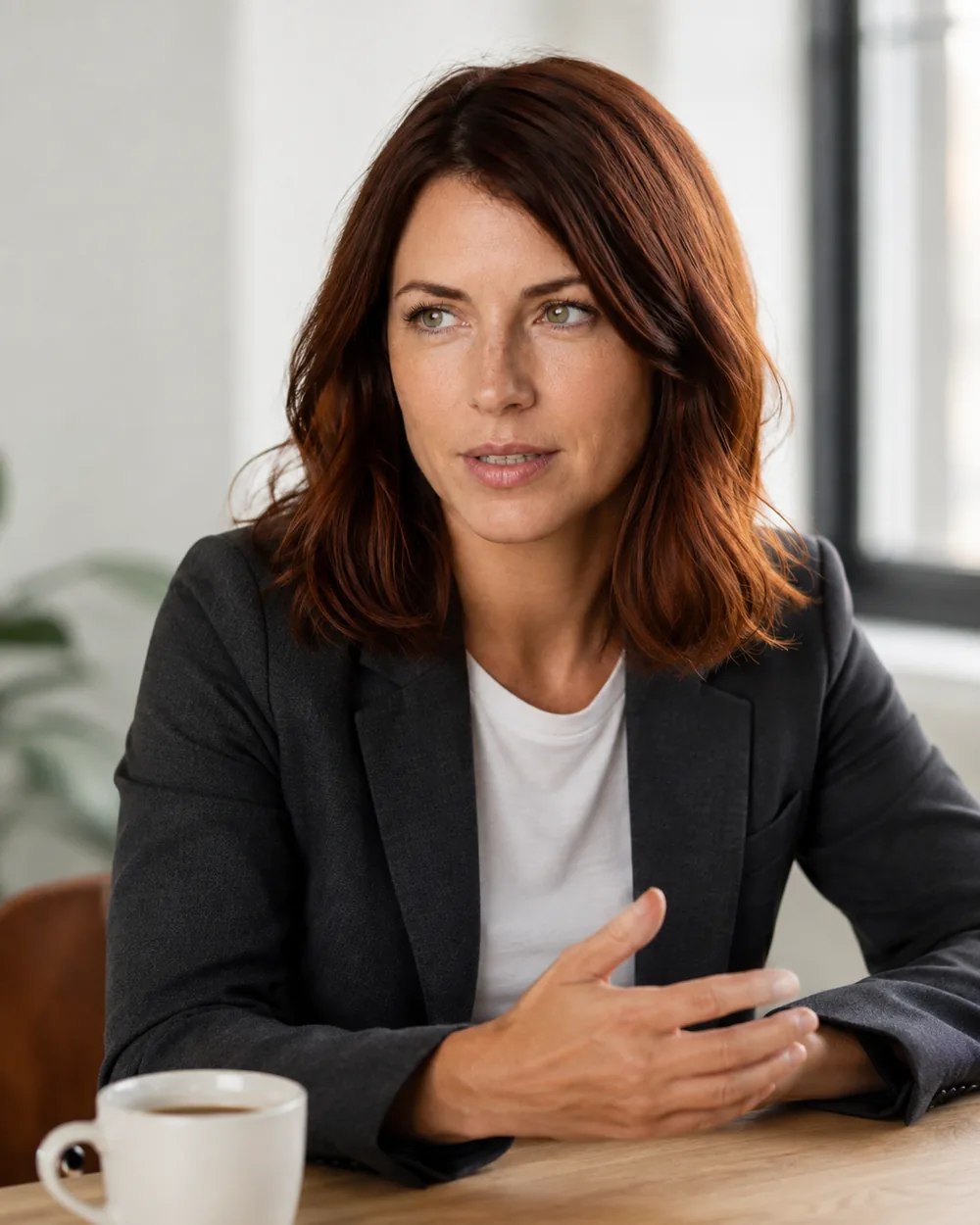 The same model seated in a bright interior wearing a blazer