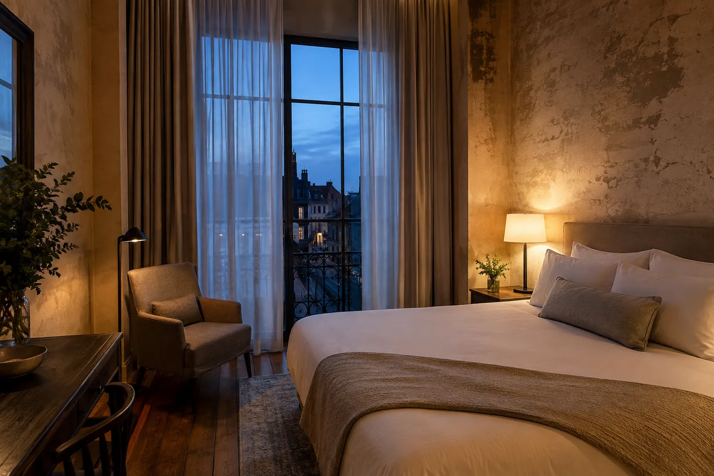 A boutique hotel room at dusk, warm bedside light against a blue evening window